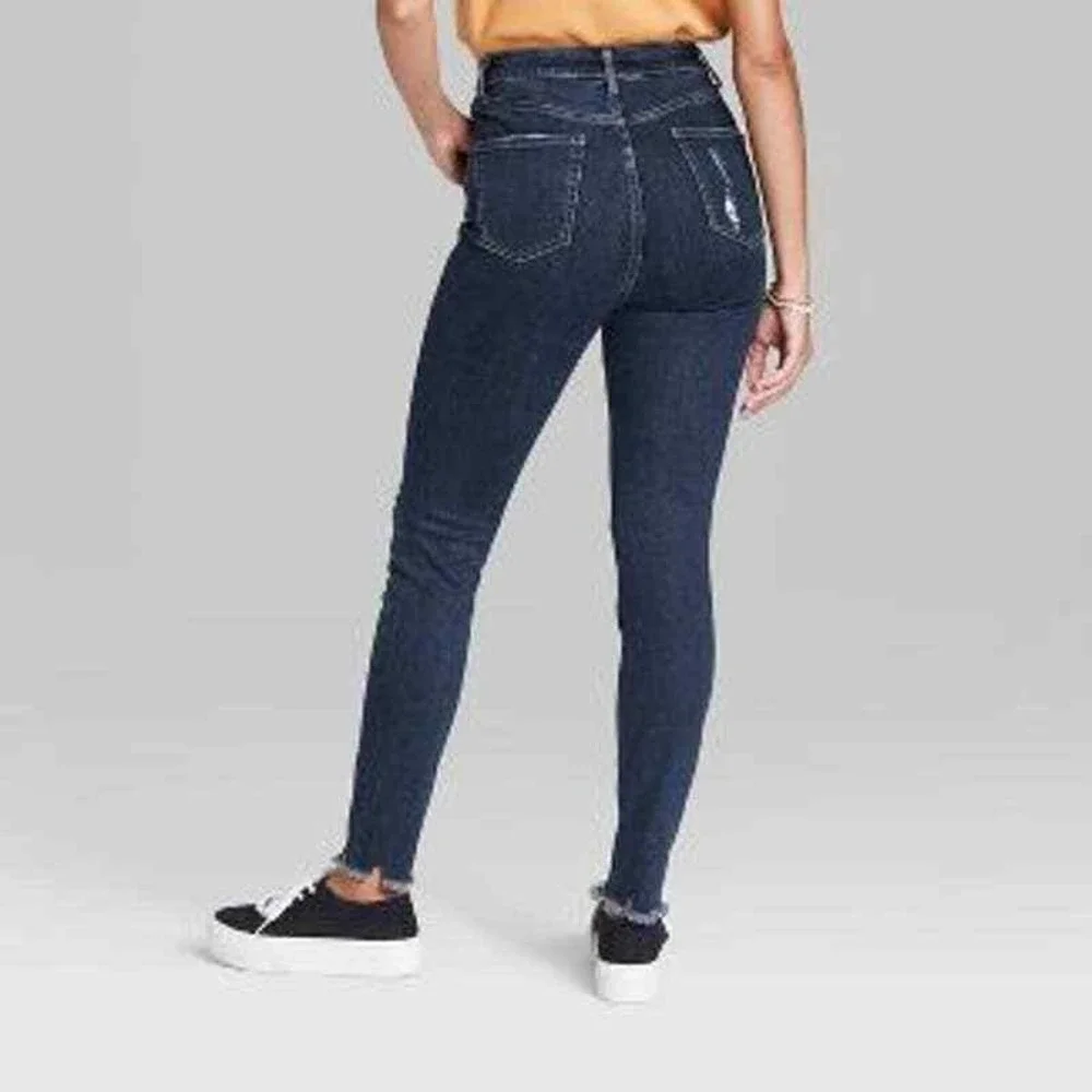 Wild Fable Highest Rise Skinny‎ Jeans Sz 4 Dark Wash Distressed Raw Hem Stretch